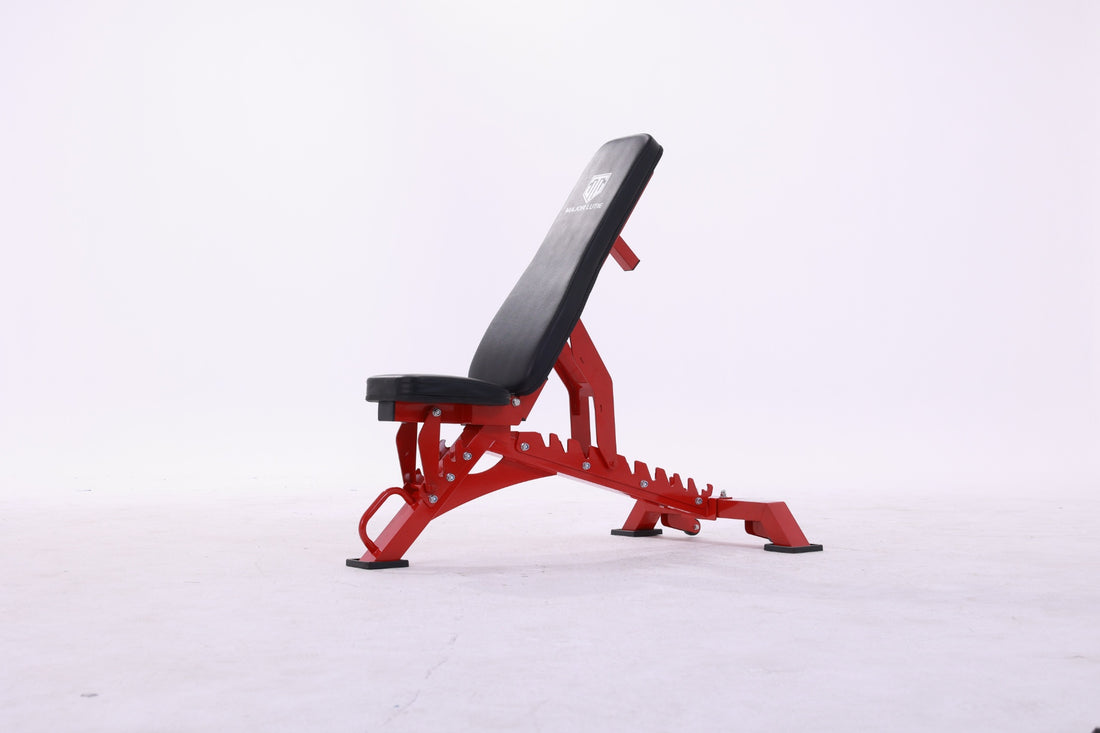 Adjustable red weight bench for home gym setups.