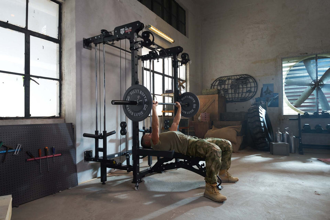 Male fitness enthusiast performing a bench press on a Smith machine, emphasizing upper body strength training in a home gym environment.