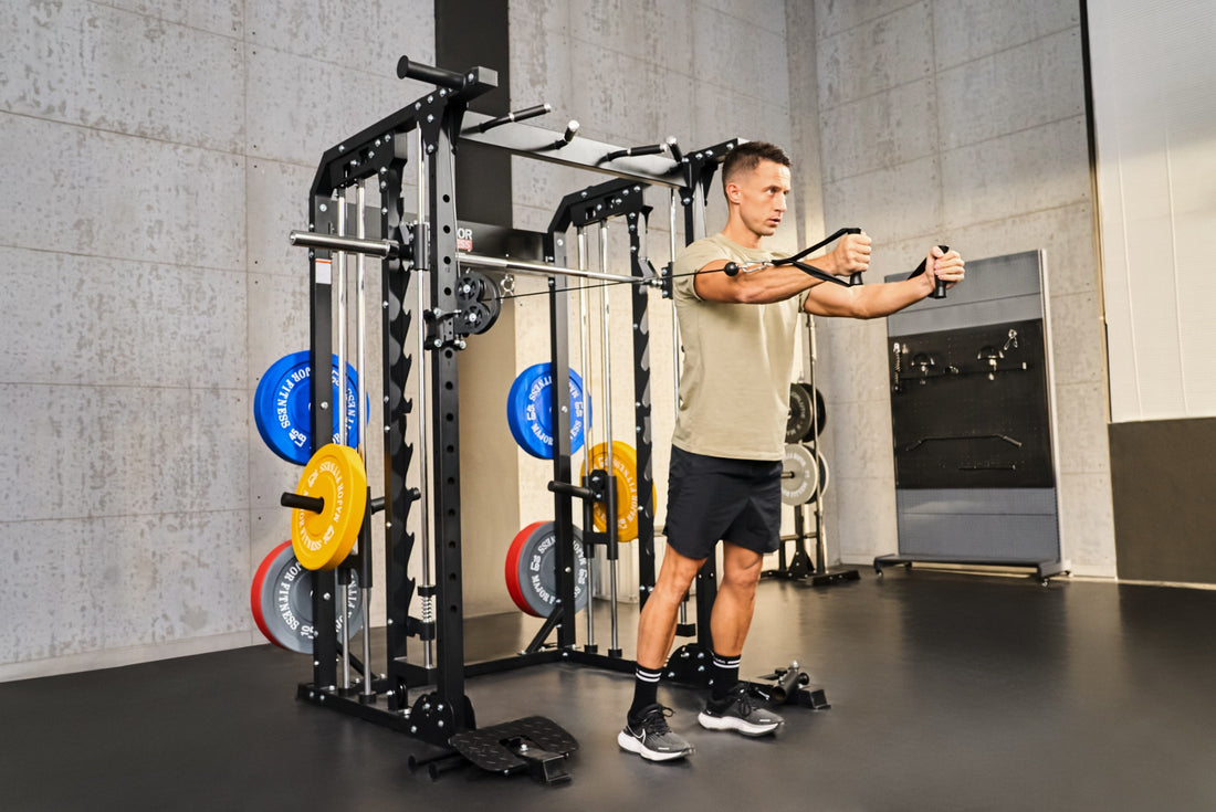 Man engaging in cable fly exercise at home gym using Major Fitness equipment.