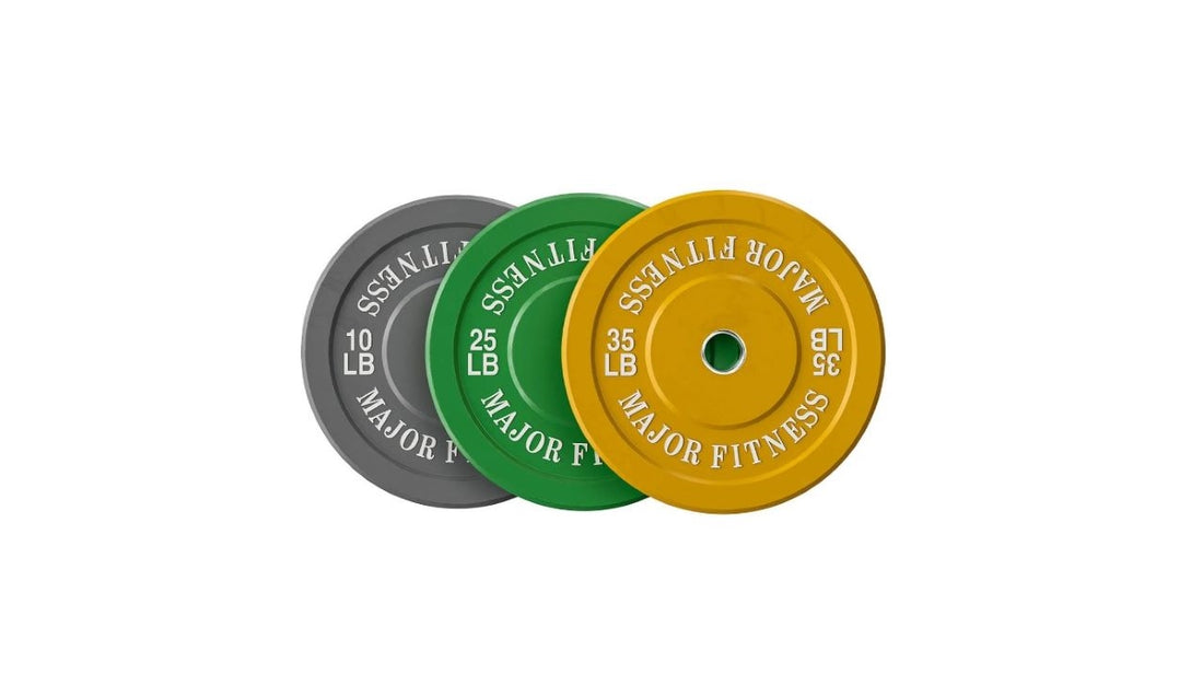 Home gym weight plates set in various colors and weights.