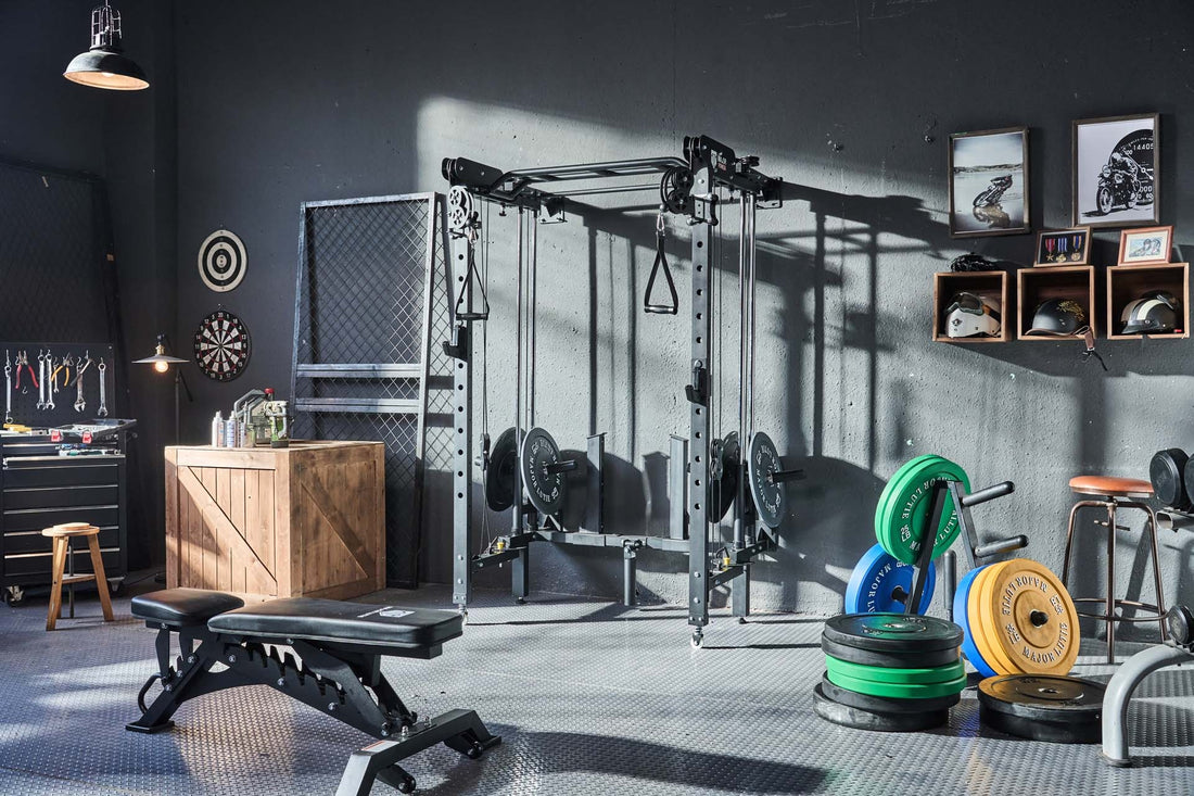 Major Lutie home gym setup with power rack, bench, and weight plates in a fitness room.