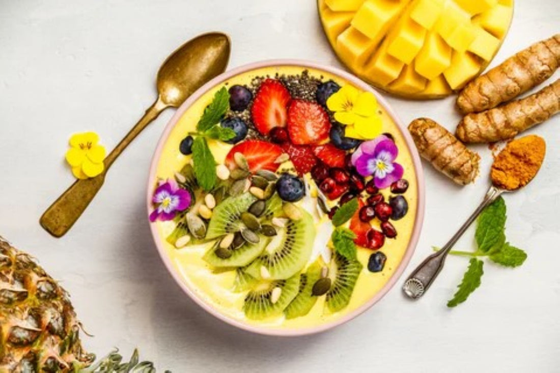 bowl of mixed fruits and seeds for a healthy meal