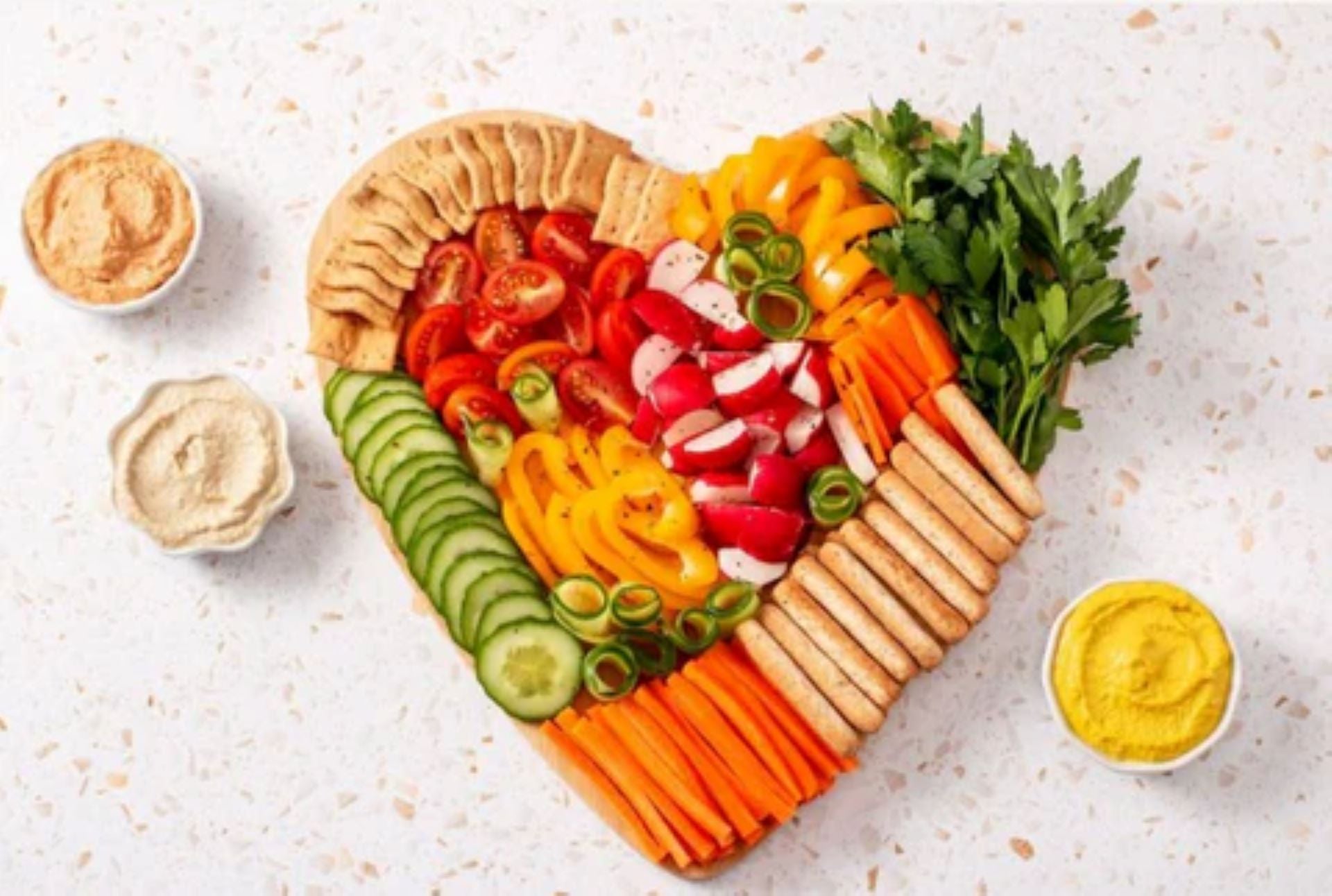 A heart-shaped platter of fresh vegetables and crackers served with various dips.