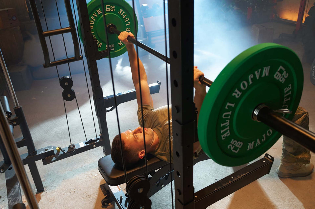 Man doing bench press exercise using a power rack for strength training.