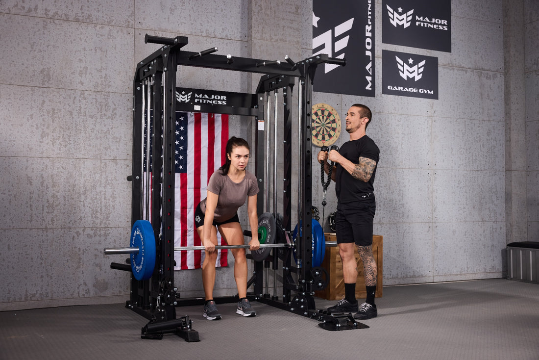 A couple engaging in a fitness routine using a Smith machine in a home gym.