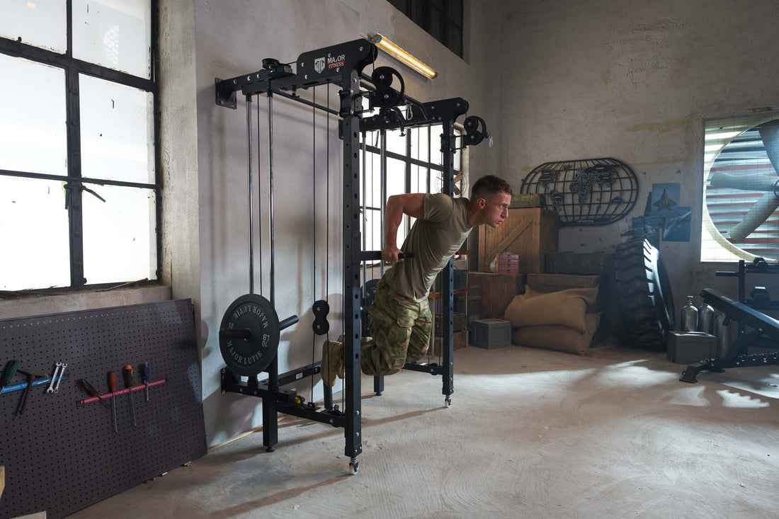 Man engaging in a dip workout on a power rack in a home gym environment.