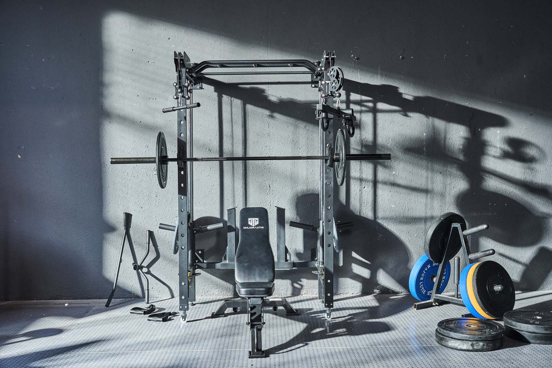 Power rack with barbell and weight plates in a home gym setup.