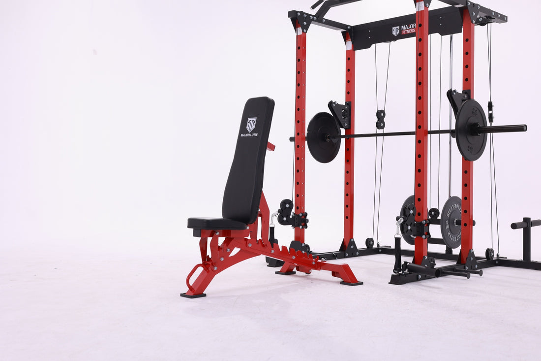 Major Lutie power rack and bench displayed in a home gym setting.