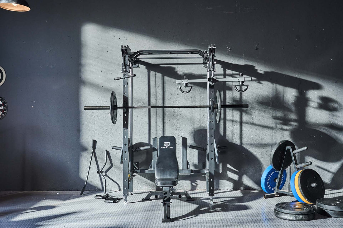 Home gym power rack setup with weight plates.