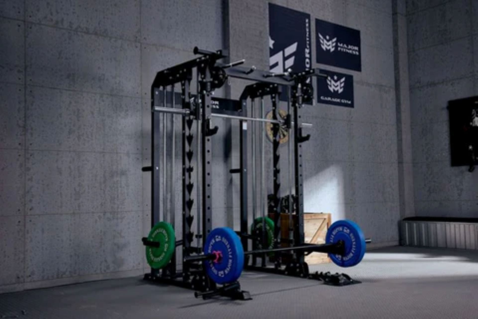 home gym setup featuring a power rack and barbells for strength training.