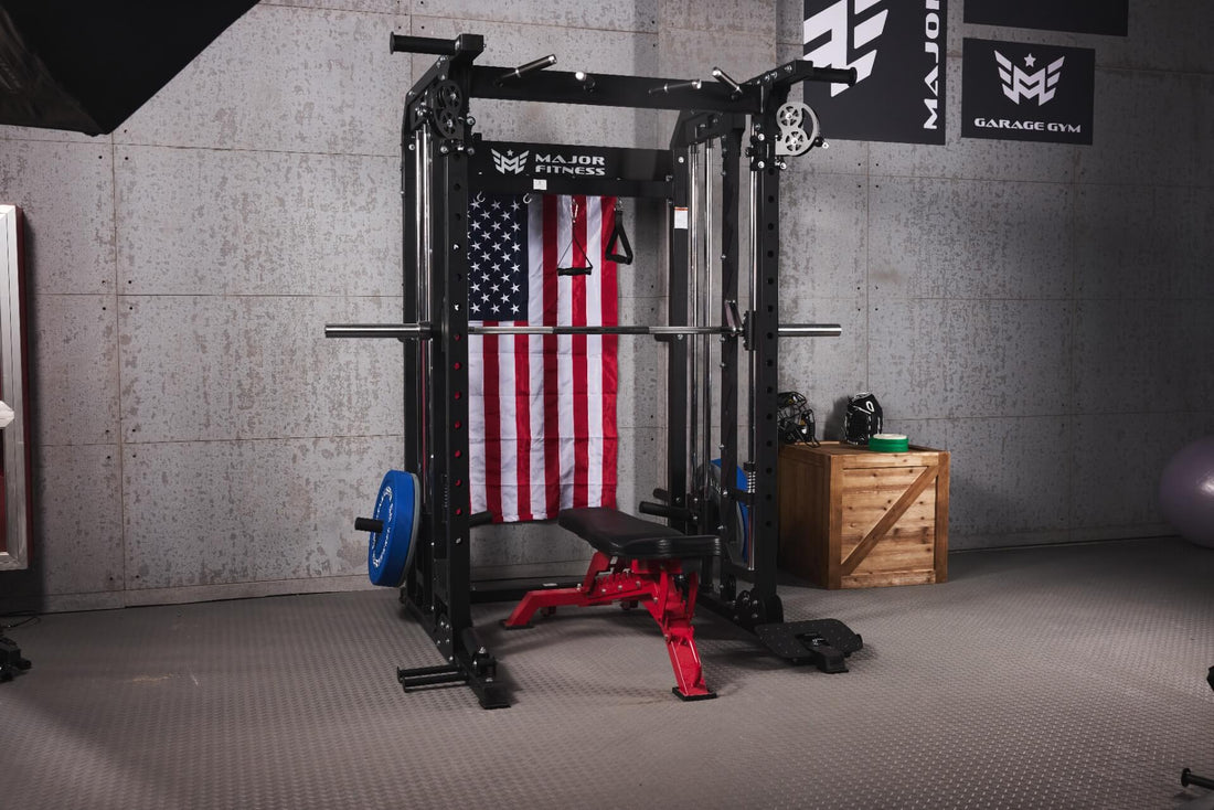 home gym equipped with a smith machine, adjustable bench, and weight plates for versatile workouts