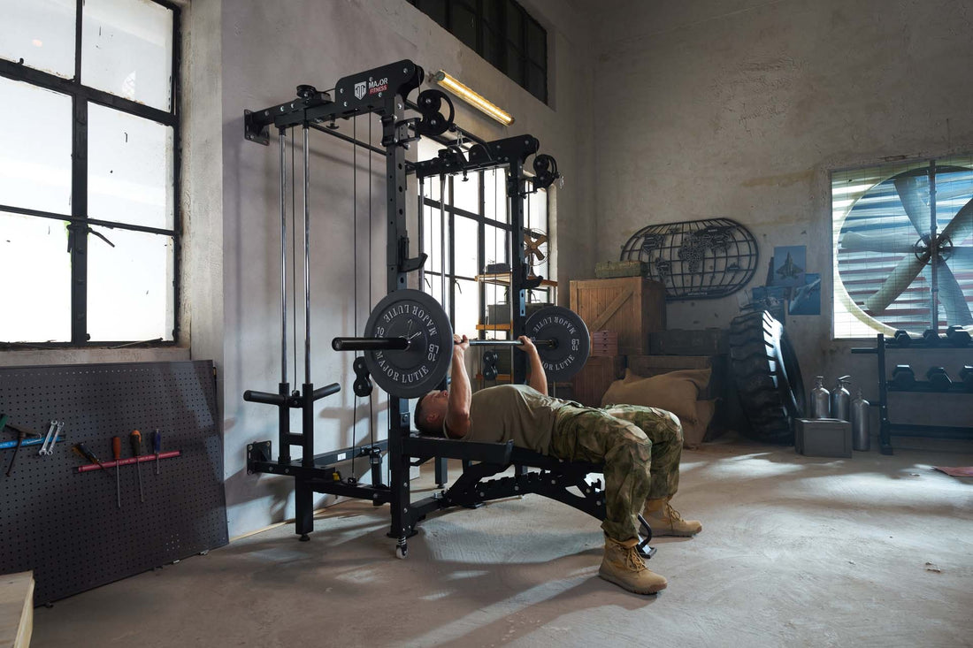  Person performing a bench press using a Smith machine in a home gym.