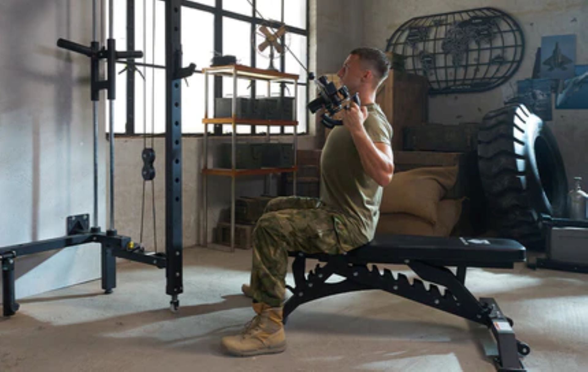 Man engaging in a lat pulldown workout using a machine designed for home fitness.