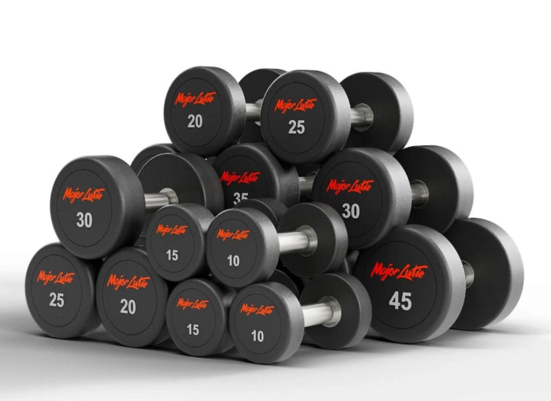 Major Lutie dumbbells set suitable for home gym use, ranging from 10 to 45 pounds.