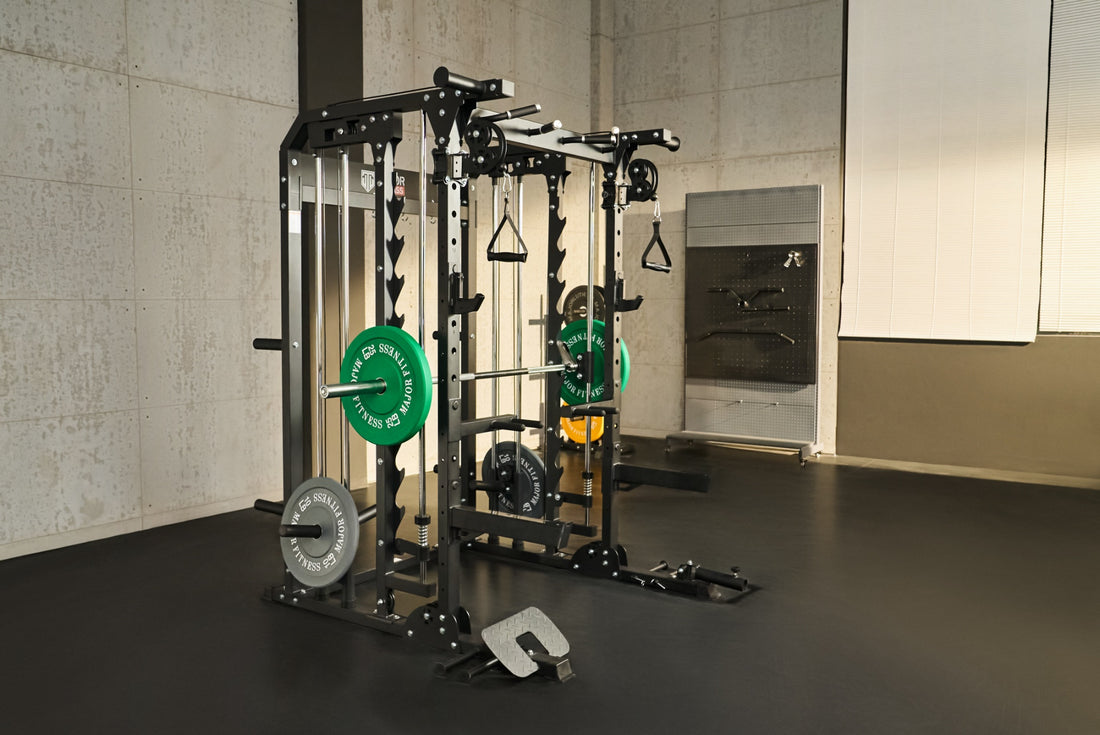 Strength training equipment with a Smith machine and bench in a home gym.