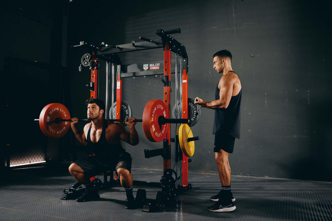 Two men performing a powerlifting squat and bicep curl in a gym, focusing on strength training using a power rack and barbell.