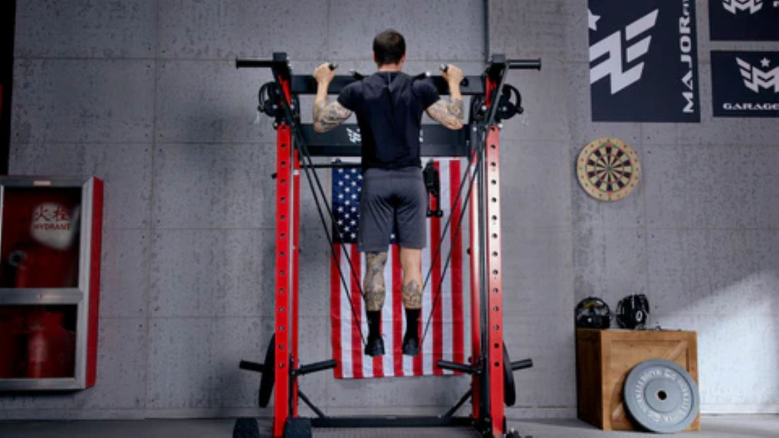  an athlete working out on a major fitness power rack doing pull-ups at home