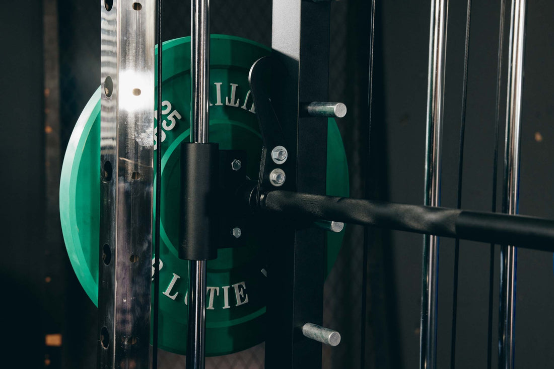 Detailed image of a weight plate attached to home gym equipment.