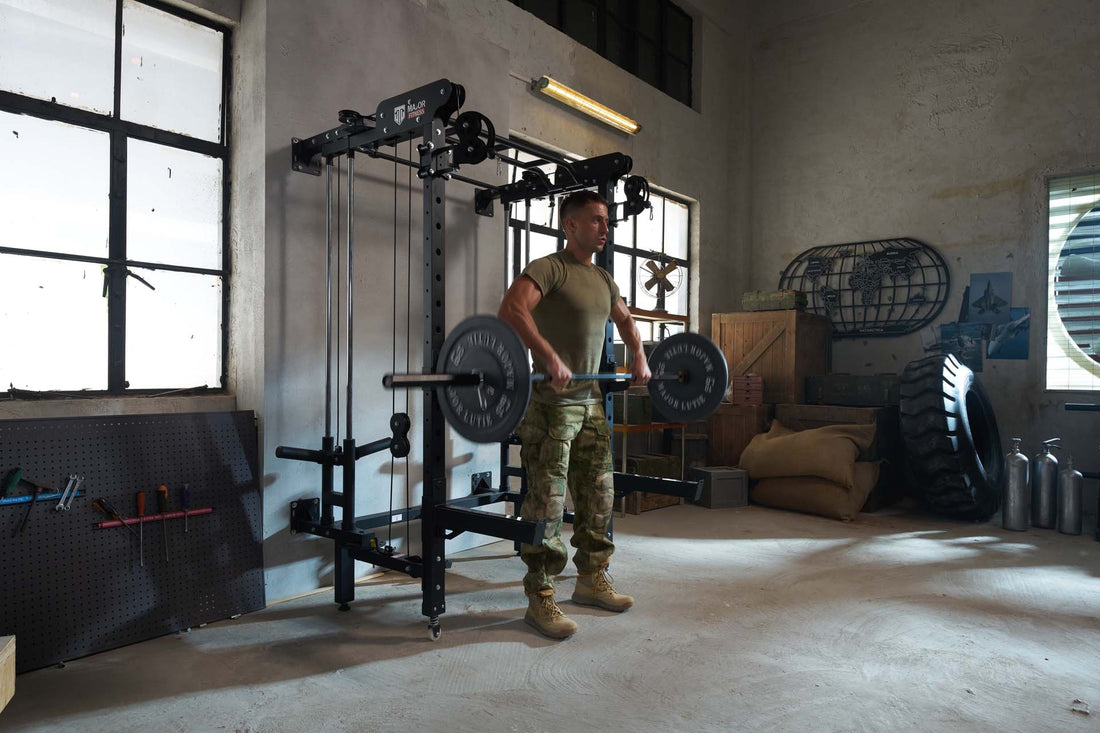 Man performing an upright row with a power rack in a home gym.