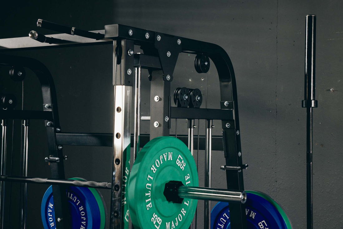 A close-up view of a Smith machine and weight plates in a home gym, showcasing essential equipment for strength training.