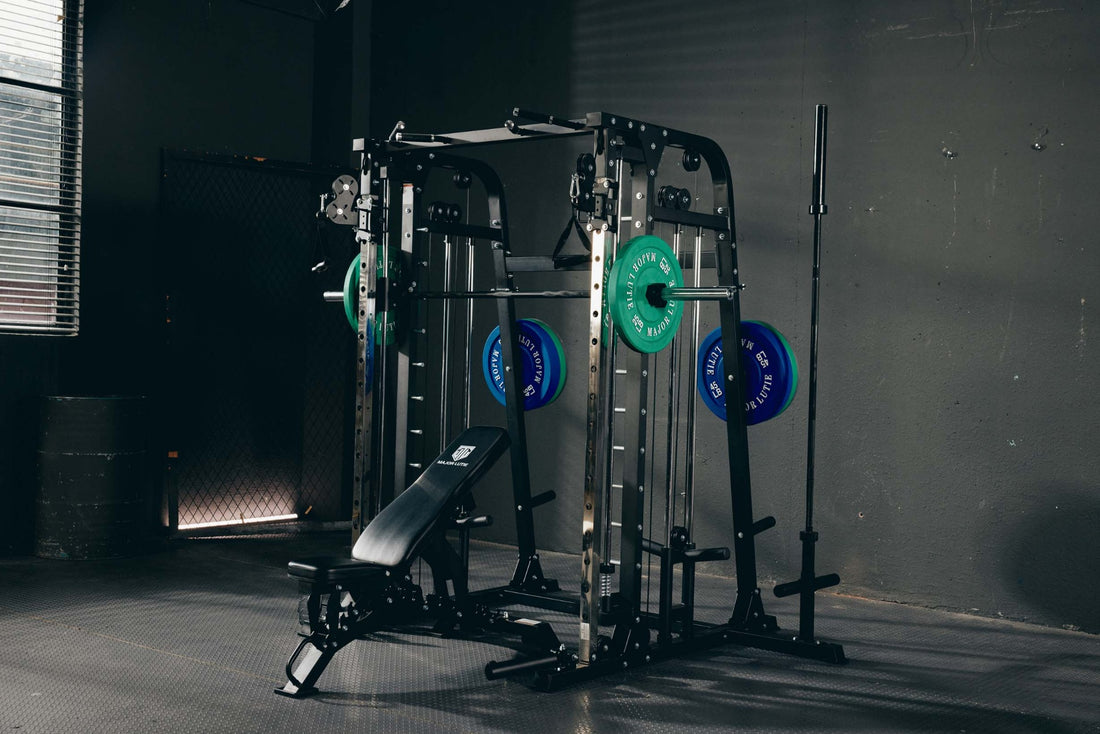 Smith machine and bench in a home gym setup, ideal for strength training exercises.