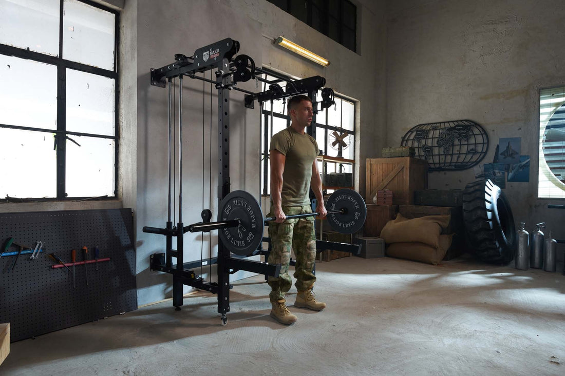 Man using a Smith machine for an upright row exercise in a home gym setup.