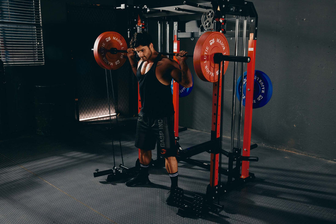 A man using a power rack for barbell squat exercise in a home gym setup.