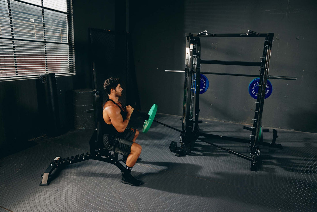 Person conducting a weight plate workout on an adjustable bench in a gym setting.