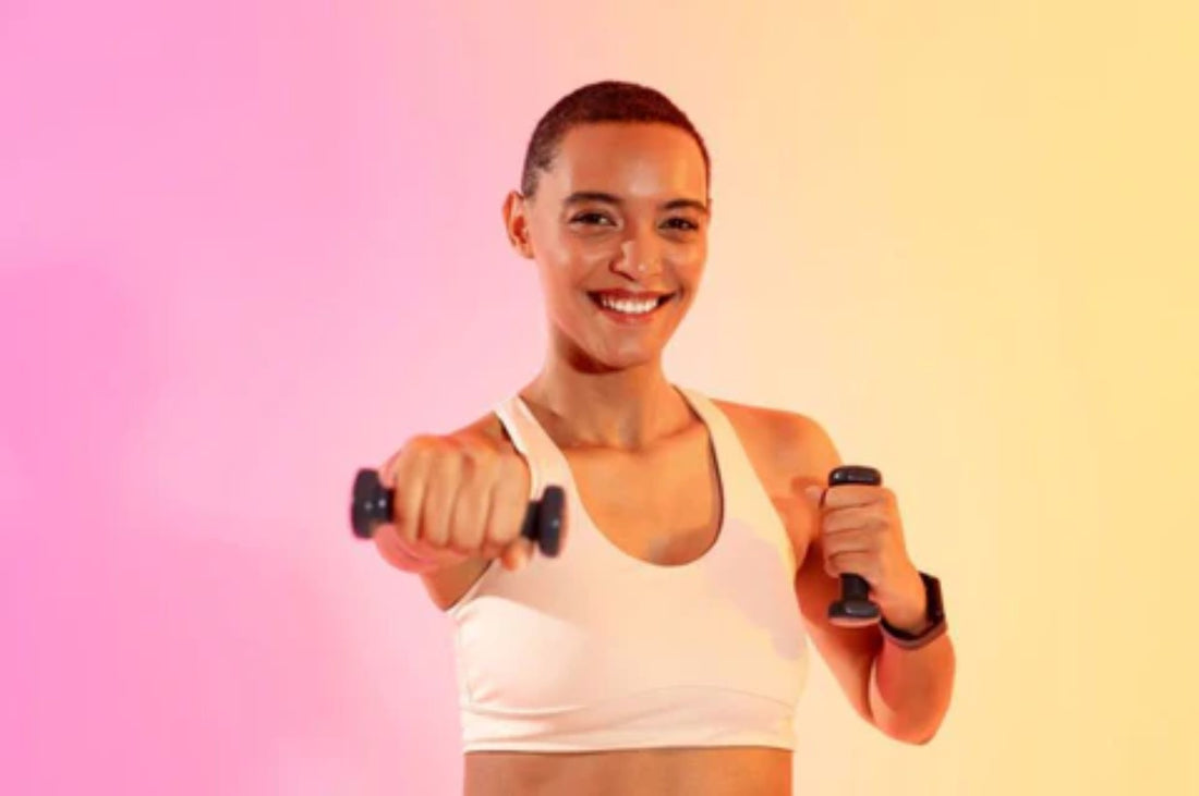 Woman engaging in fitness routine using dumbbells at home.