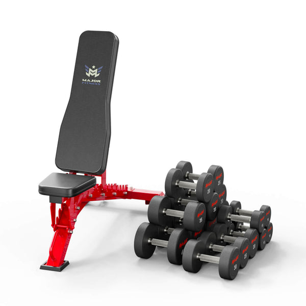 Major Fitness adjustable weight bench red with dumbbell set