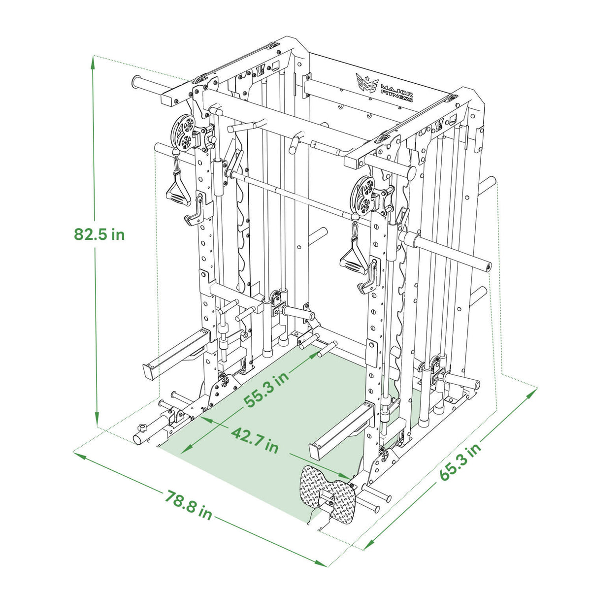 The Spirit B52 measures 82.5 inches high, 78.8 inches wide, and 65.3 inches deep. The interior width is 42.7 inches and the depth is 55.3 inches.