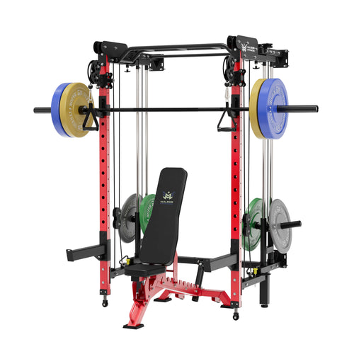 Major Fitness home gym power rack lightning f35 red with red adjustable bench, black Olympic barbell and 230lb bumper plate set 
