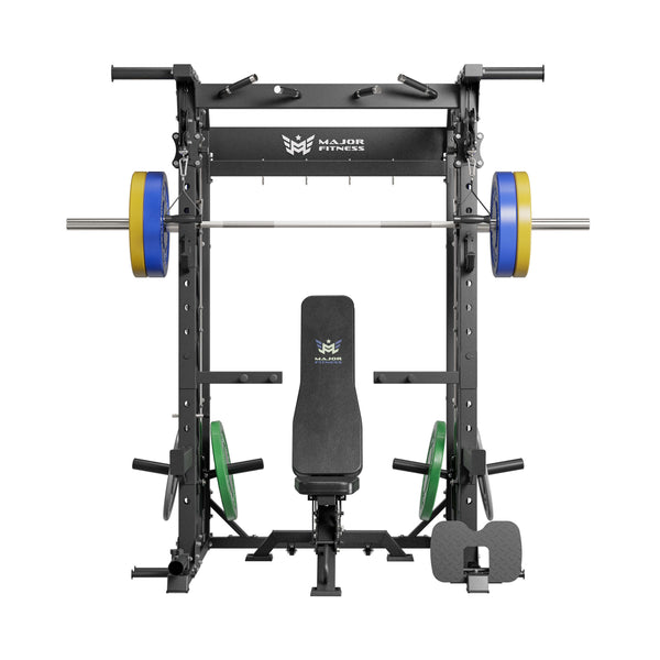 garage gym equipment smith machine b52 with weght bench and 230lb weight plate set
