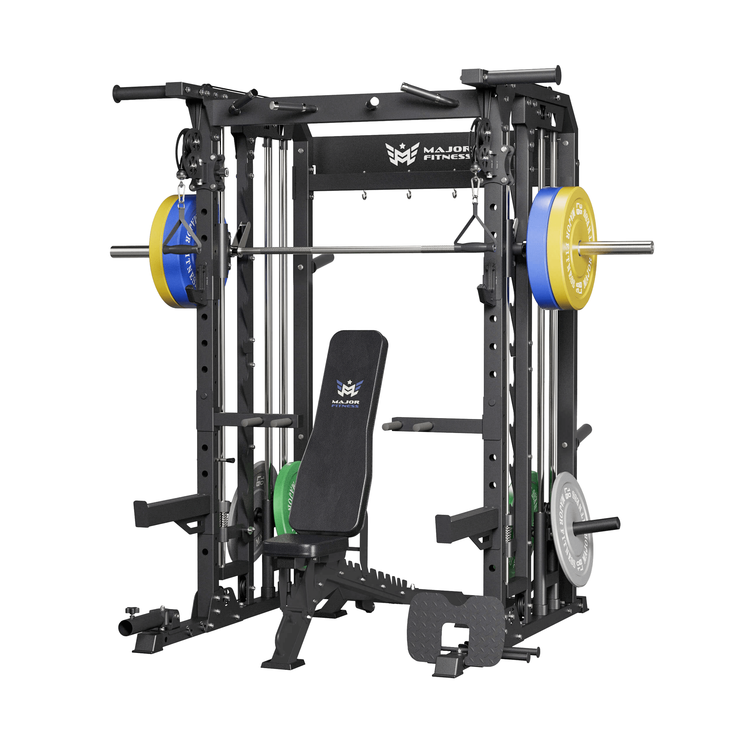 home gym setup smith machine b52 with weght bench and 230lb weight plate set