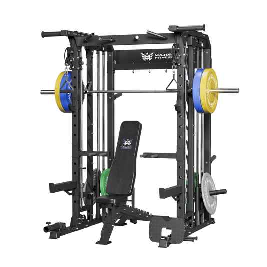 home gym setup smith machine b52 with weght bench and 230lb weight plate set