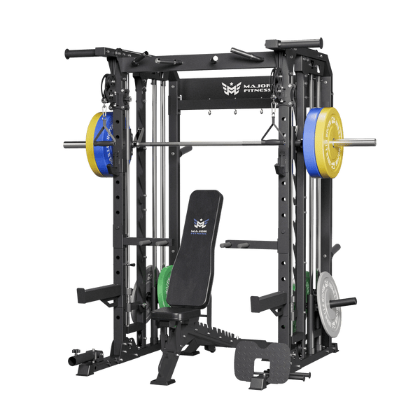 home gym setup smith machine b52 with weght bench and 230lb weight plate set
