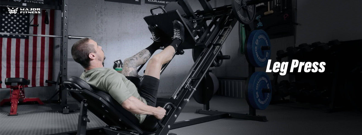 man using leg press machine in home gym setup