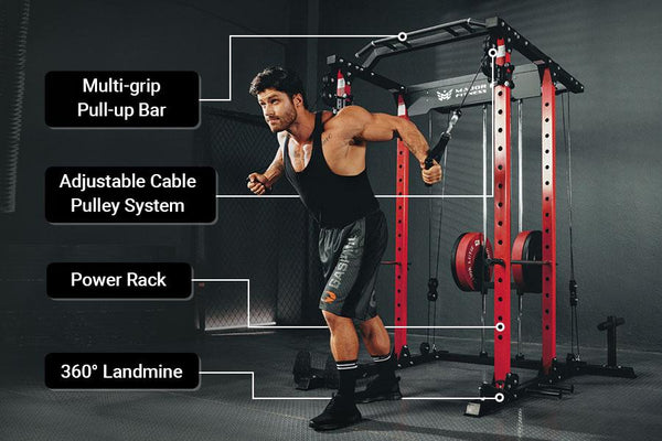 Major Fitness power rack PLM03 contains 4 systems, which are Multi-grip pull-up bar, adjustable cable pulley system, 360 degree landmine, etc