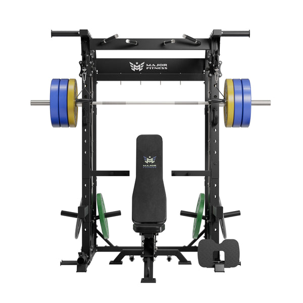 Major Fitness smith machine gym package b52 with black bench and 230lb weight plate set
