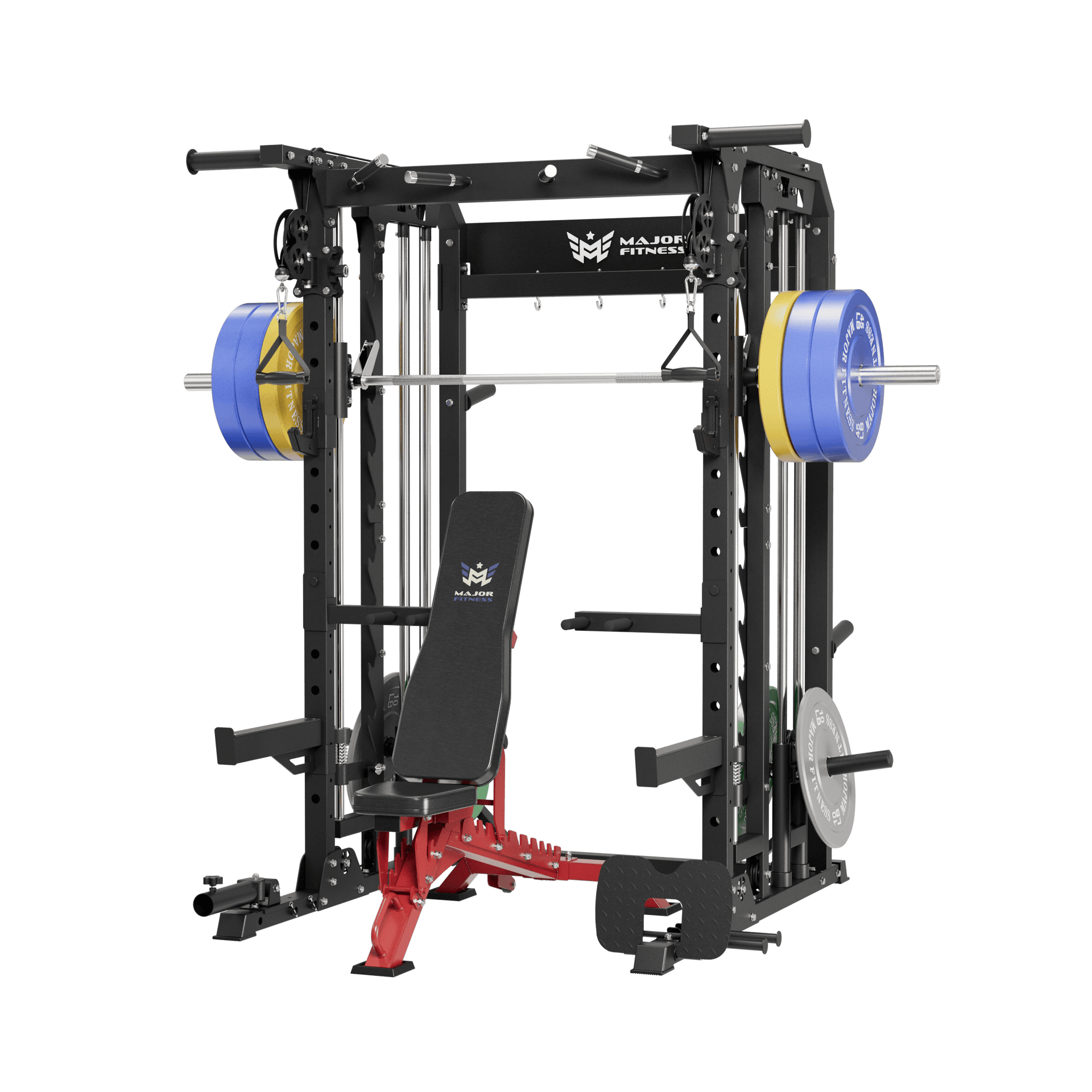 Complete B52 smith machine gym package from Major Fitness, including bench and 320lb weight plates